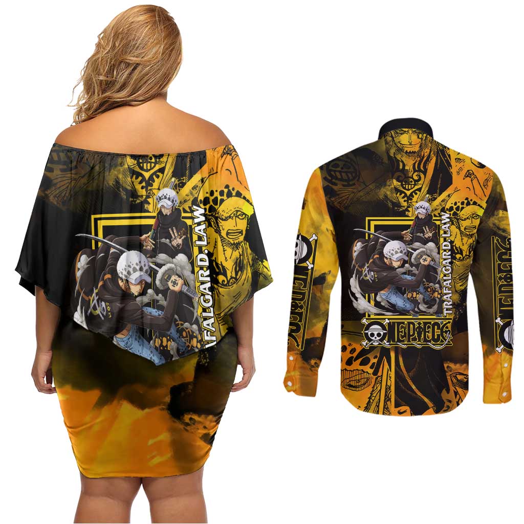 Trafalgar Law One Piece Yellow and Black Theme Couples Matching Off Shoulder Short Dress and Long Sleeve Button Shirt with Jolly Roger Symbol and Manga Panel Design - The Mazicc
