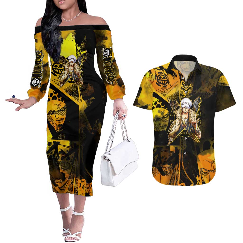 Trafalgar Law One Piece Yellow and Black Theme Couples Matching Off The Shoulder Long Sleeve Dress and Hawaiian Shirt with Jolly Roger Symbol and Manga Panel Design - The Mazicc