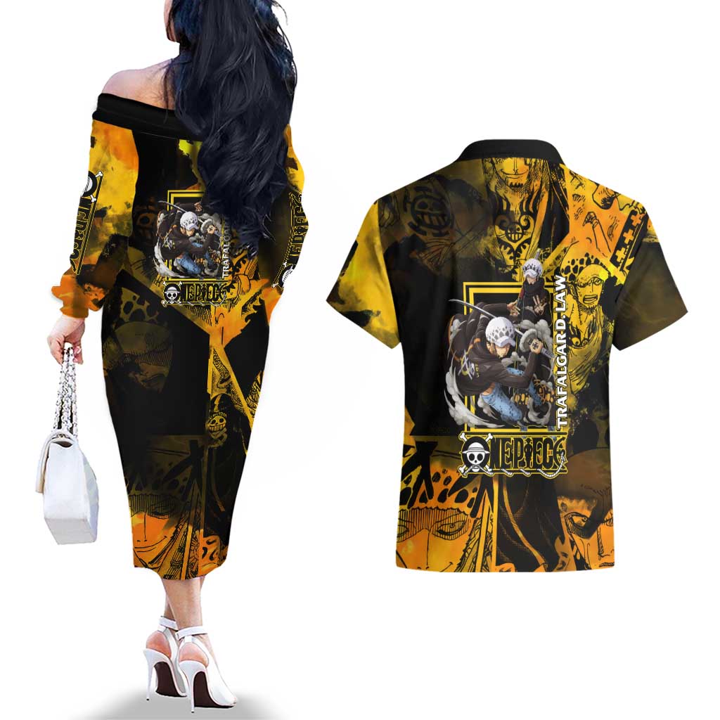 Trafalgar Law One Piece Yellow and Black Theme Couples Matching Off The Shoulder Long Sleeve Dress and Hawaiian Shirt with Jolly Roger Symbol and Manga Panel Design - The Mazicc