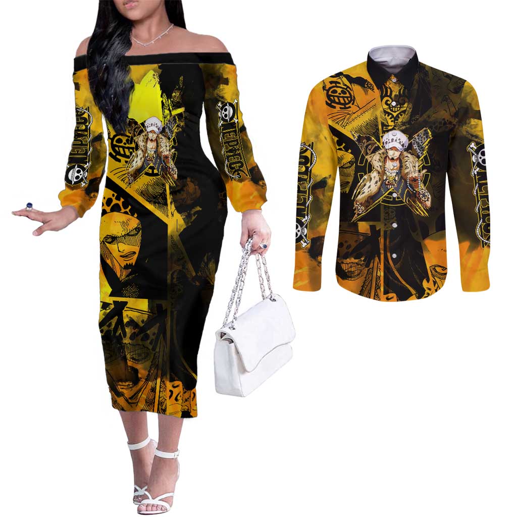 Trafalgar Law One Piece Yellow and Black Theme Couples Matching Off The Shoulder Long Sleeve Dress and Long Sleeve Button Shirt with Jolly Roger Symbol and Manga Panel Design - The Mazicc
