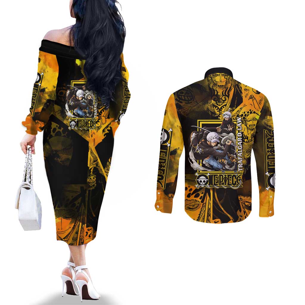 Trafalgar Law One Piece Yellow and Black Theme Couples Matching Off The Shoulder Long Sleeve Dress and Long Sleeve Button Shirt with Jolly Roger Symbol and Manga Panel Design - The Mazicc