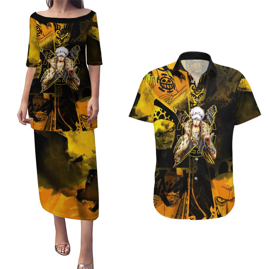 Trafalgar Law One Piece Yellow and Black Theme Couples Matching Puletasi and Hawaiian Shirt with Jolly Roger Symbol and Manga Panel Design - The Mazicc