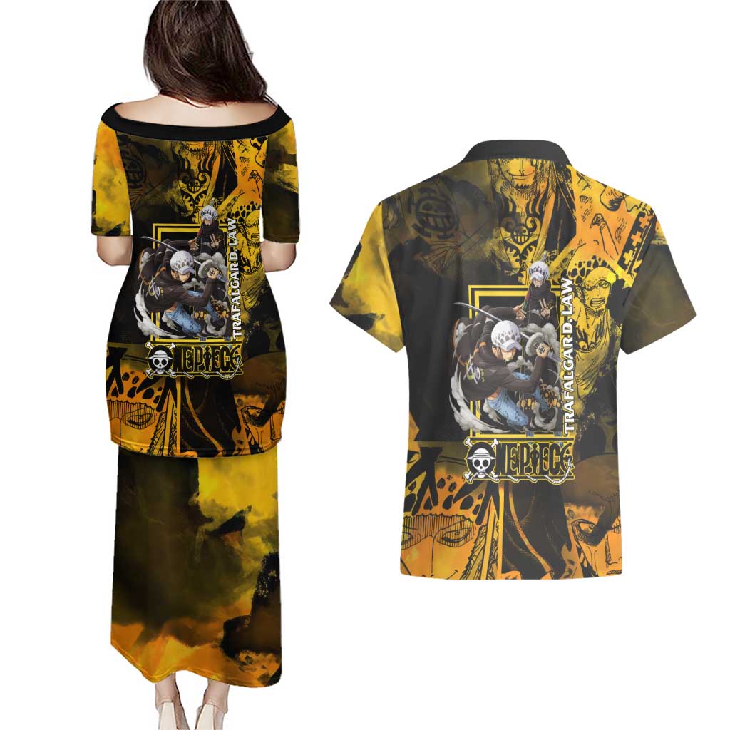 Trafalgar Law One Piece Yellow and Black Theme Couples Matching Puletasi and Hawaiian Shirt with Jolly Roger Symbol and Manga Panel Design - The Mazicc