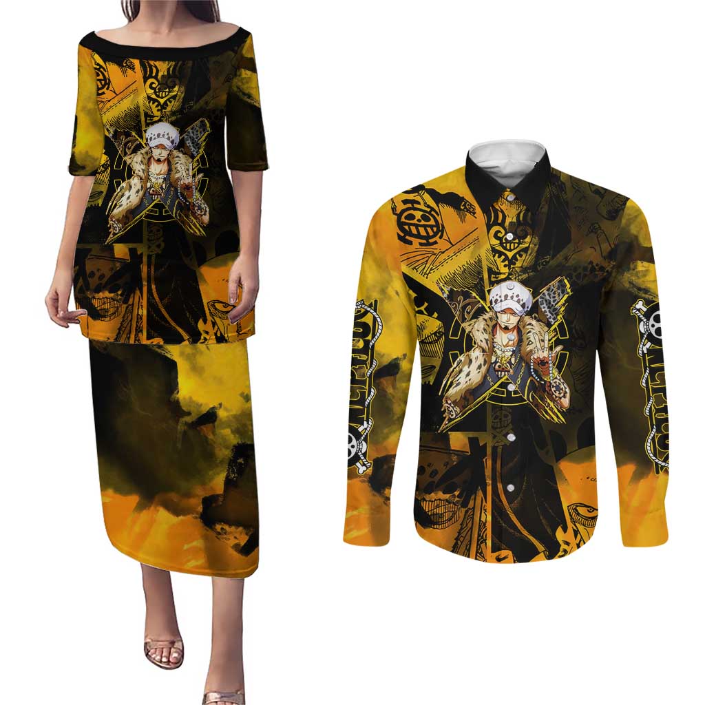 Trafalgar Law One Piece Yellow and Black Theme Couples Matching Puletasi and Long Sleeve Button Shirt with Jolly Roger Symbol and Manga Panel Design - The Mazicc