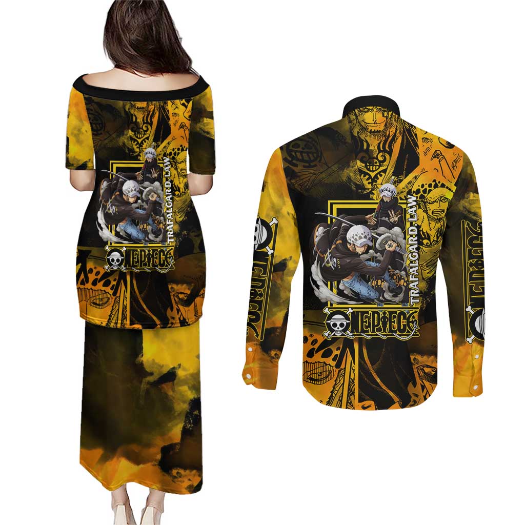 Trafalgar Law One Piece Yellow and Black Theme Couples Matching Puletasi and Long Sleeve Button Shirt with Jolly Roger Symbol and Manga Panel Design - The Mazicc