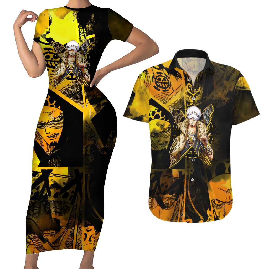 Trafalgar Law One Piece Yellow and Black Theme Couples Matching Short Sleeve Bodycon Dress and Hawaiian Shirt with Jolly Roger Symbol and Manga Panel Design - The Mazicc