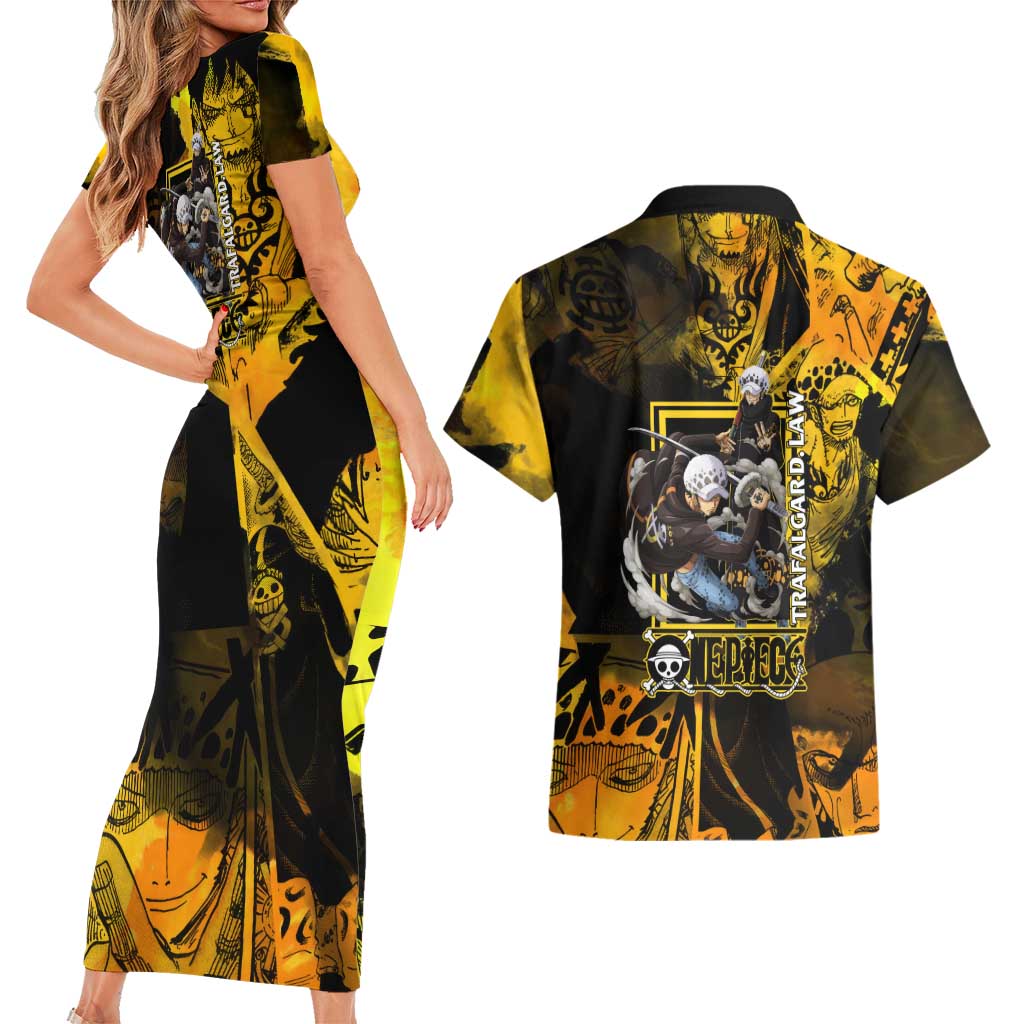 Trafalgar Law One Piece Yellow and Black Theme Couples Matching Short Sleeve Bodycon Dress and Hawaiian Shirt with Jolly Roger Symbol and Manga Panel Design - The Mazicc