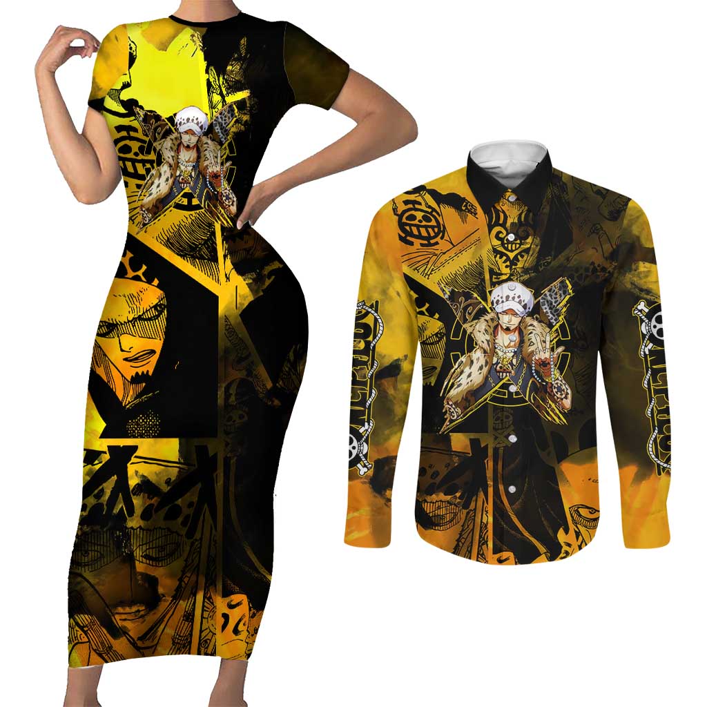 Trafalgar Law One Piece Yellow and Black Theme Couples Matching Short Sleeve Bodycon Dress and Long Sleeve Button Shirt with Jolly Roger Symbol and Manga Panel Design - The Mazicc