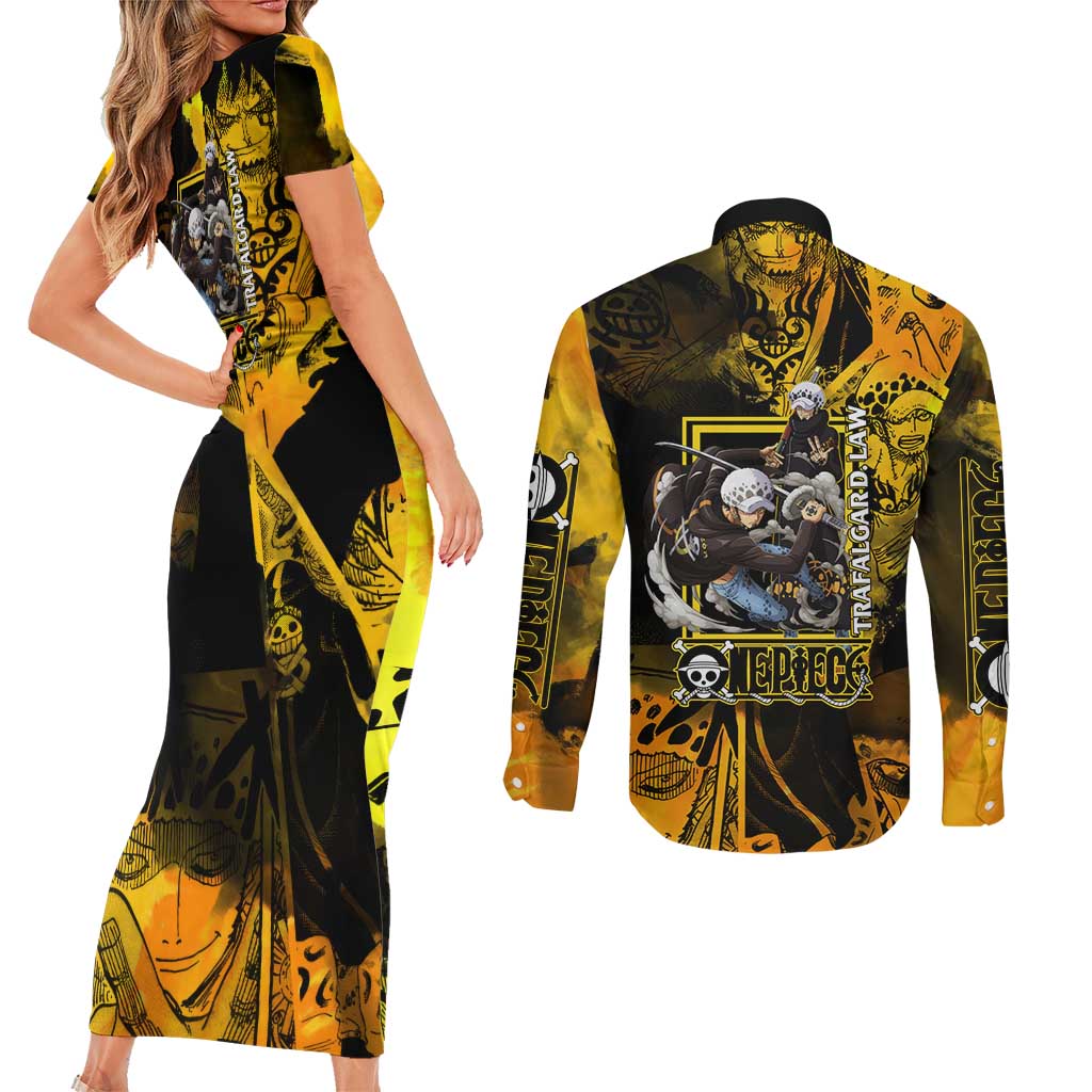 Trafalgar Law One Piece Yellow and Black Theme Couples Matching Short Sleeve Bodycon Dress and Long Sleeve Button Shirt with Jolly Roger Symbol and Manga Panel Design - The Mazicc