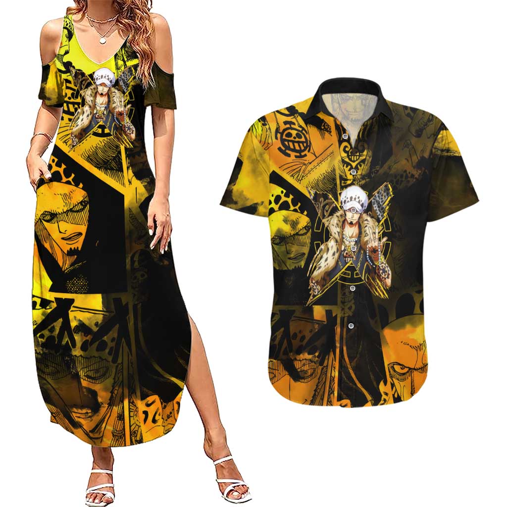 Trafalgar Law One Piece Yellow and Black Theme Couples Matching Summer Maxi Dress and Hawaiian Shirt with Jolly Roger Symbol and Manga Panel Design - The Mazicc