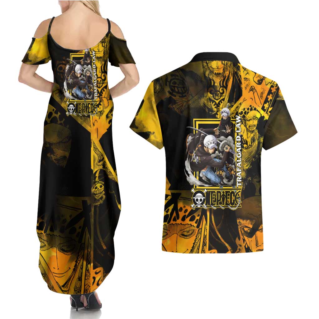 Trafalgar Law One Piece Yellow and Black Theme Couples Matching Summer Maxi Dress and Hawaiian Shirt with Jolly Roger Symbol and Manga Panel Design - The Mazicc