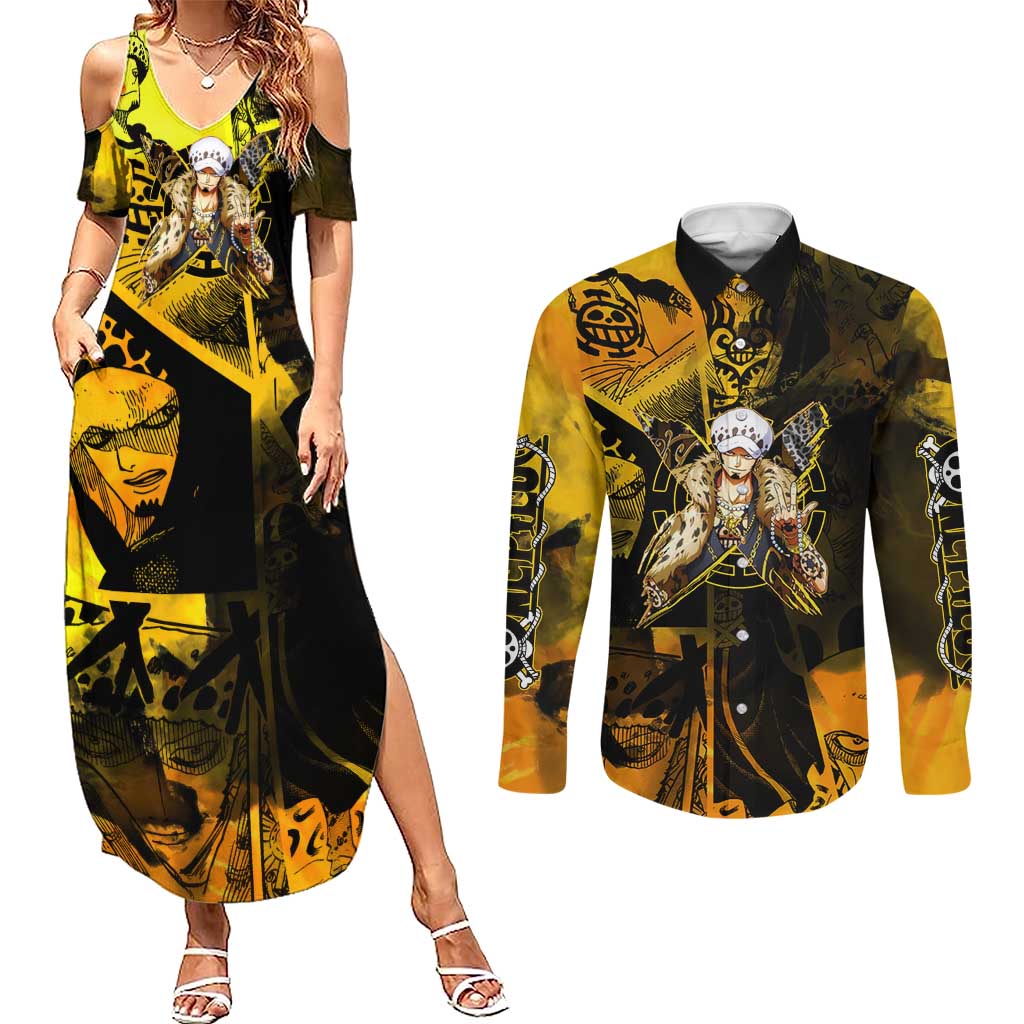 Trafalgar Law One Piece Yellow and Black Theme Couples Matching Summer Maxi Dress and Long Sleeve Button Shirt with Jolly Roger Symbol and Manga Panel Design - The Mazicc