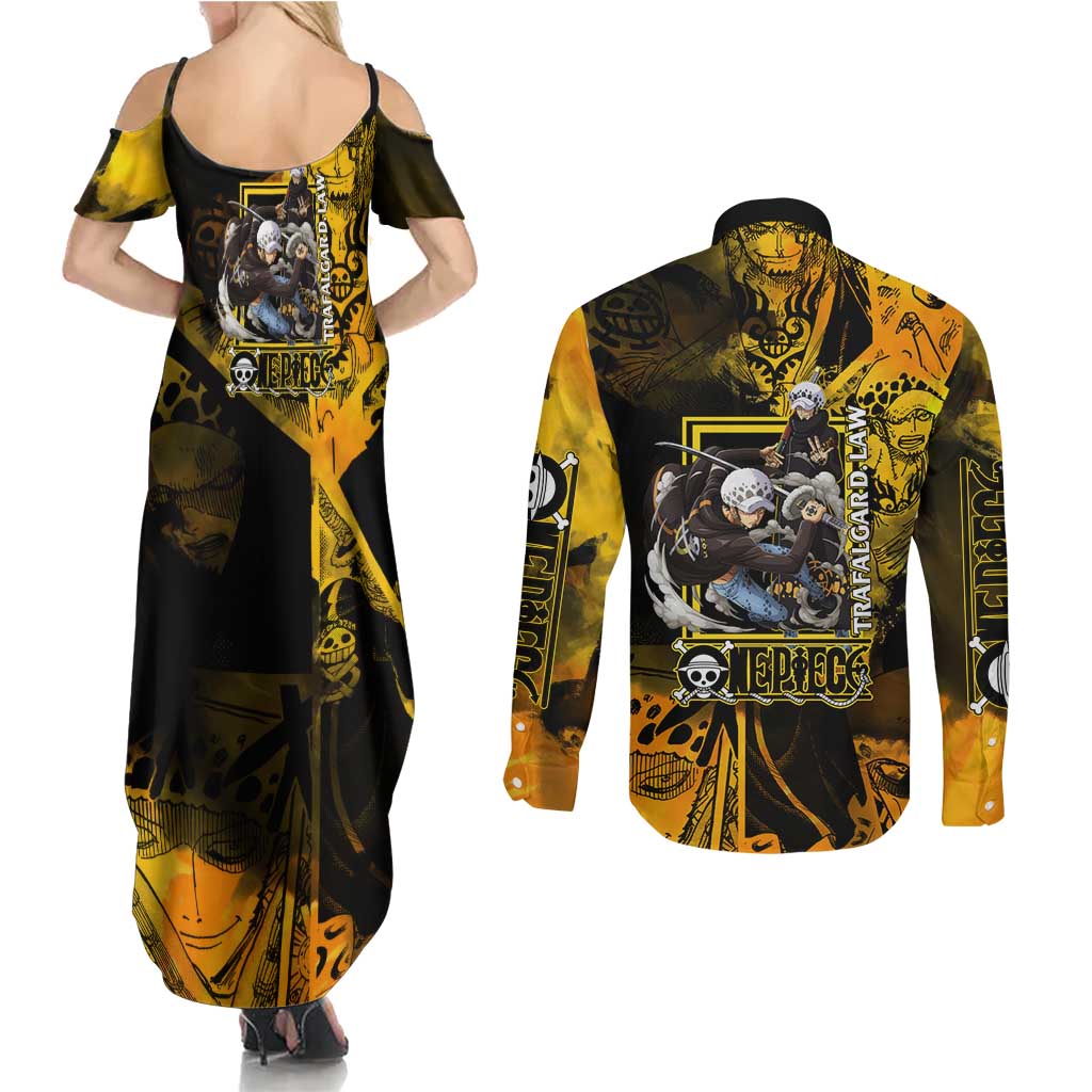 Trafalgar Law One Piece Yellow and Black Theme Couples Matching Summer Maxi Dress and Long Sleeve Button Shirt with Jolly Roger Symbol and Manga Panel Design - The Mazicc