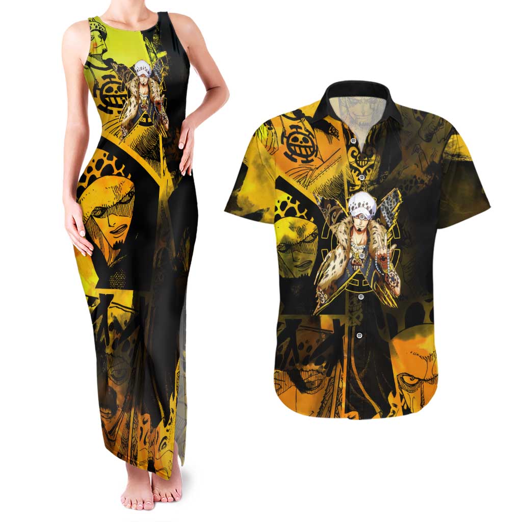 Trafalgar Law One Piece Yellow and Black Theme Couples Matching Tank Maxi Dress and Hawaiian Shirt with Jolly Roger Symbol and Manga Panel Design - The Mazicc