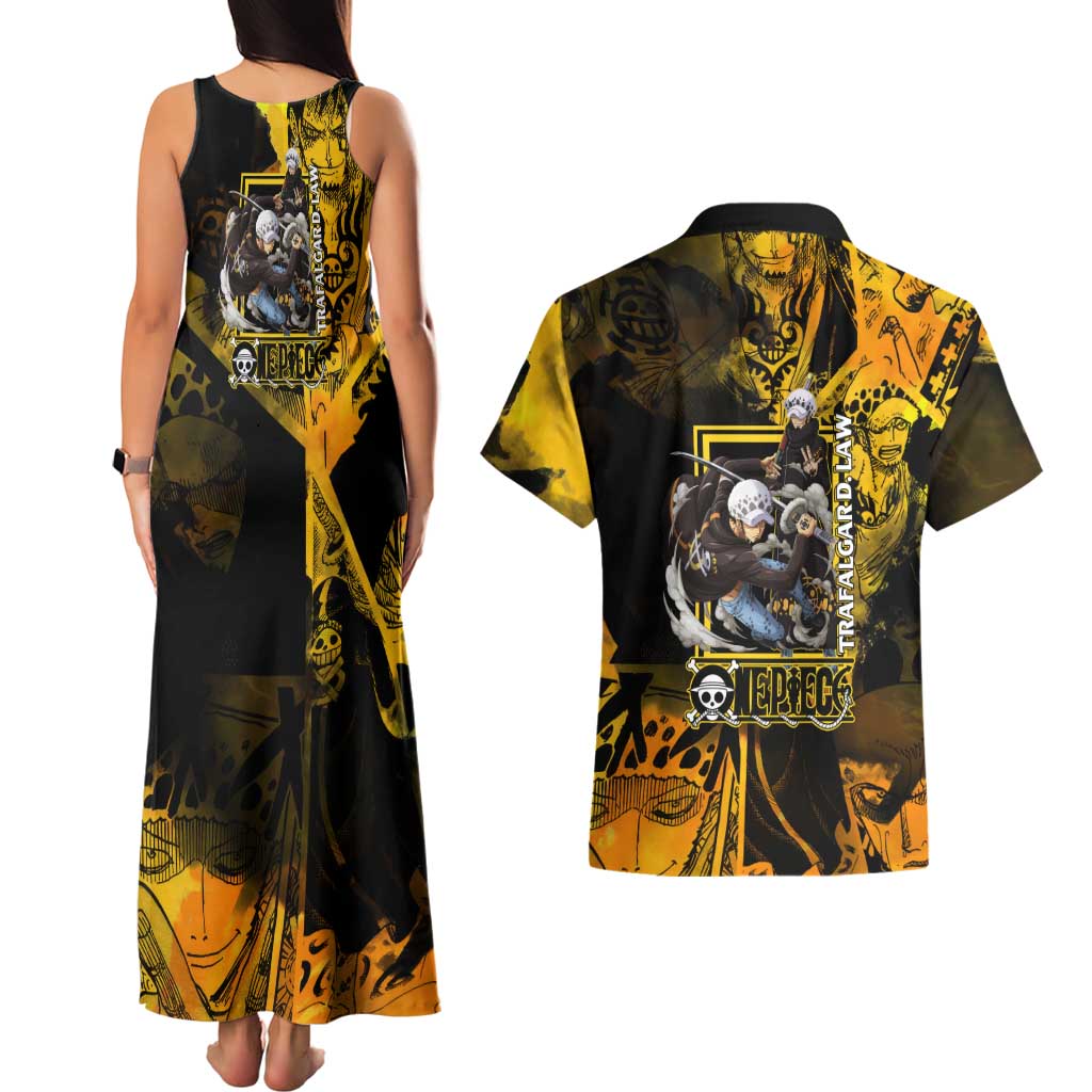 Trafalgar Law One Piece Yellow and Black Theme Couples Matching Tank Maxi Dress and Hawaiian Shirt with Jolly Roger Symbol and Manga Panel Design - The Mazicc
