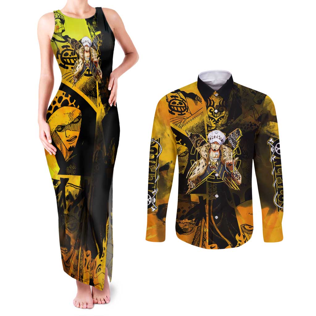 Trafalgar Law One Piece Yellow and Black Theme Couples Matching Tank Maxi Dress and Long Sleeve Button Shirt with Jolly Roger Symbol and Manga Panel Design - The Mazicc