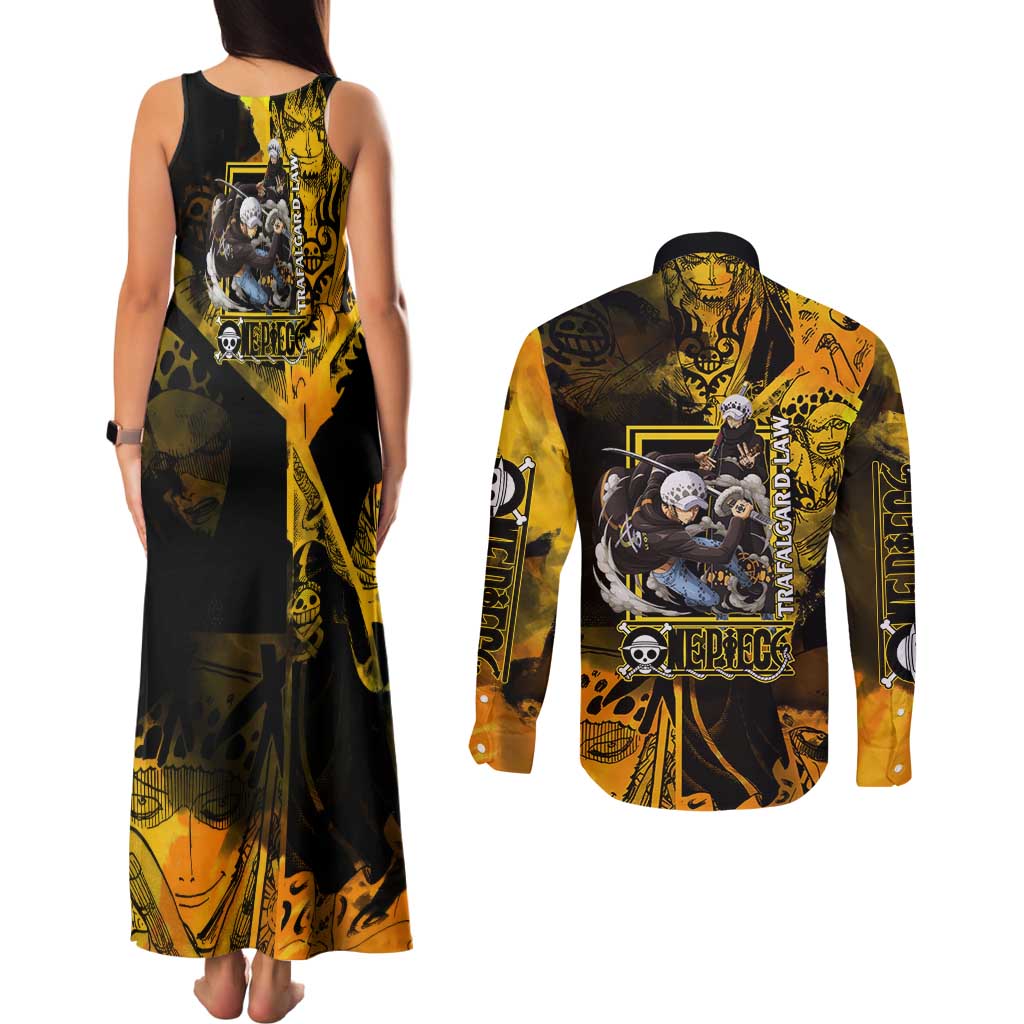 Trafalgar Law One Piece Yellow and Black Theme Couples Matching Tank Maxi Dress and Long Sleeve Button Shirt with Jolly Roger Symbol and Manga Panel Design - The Mazicc