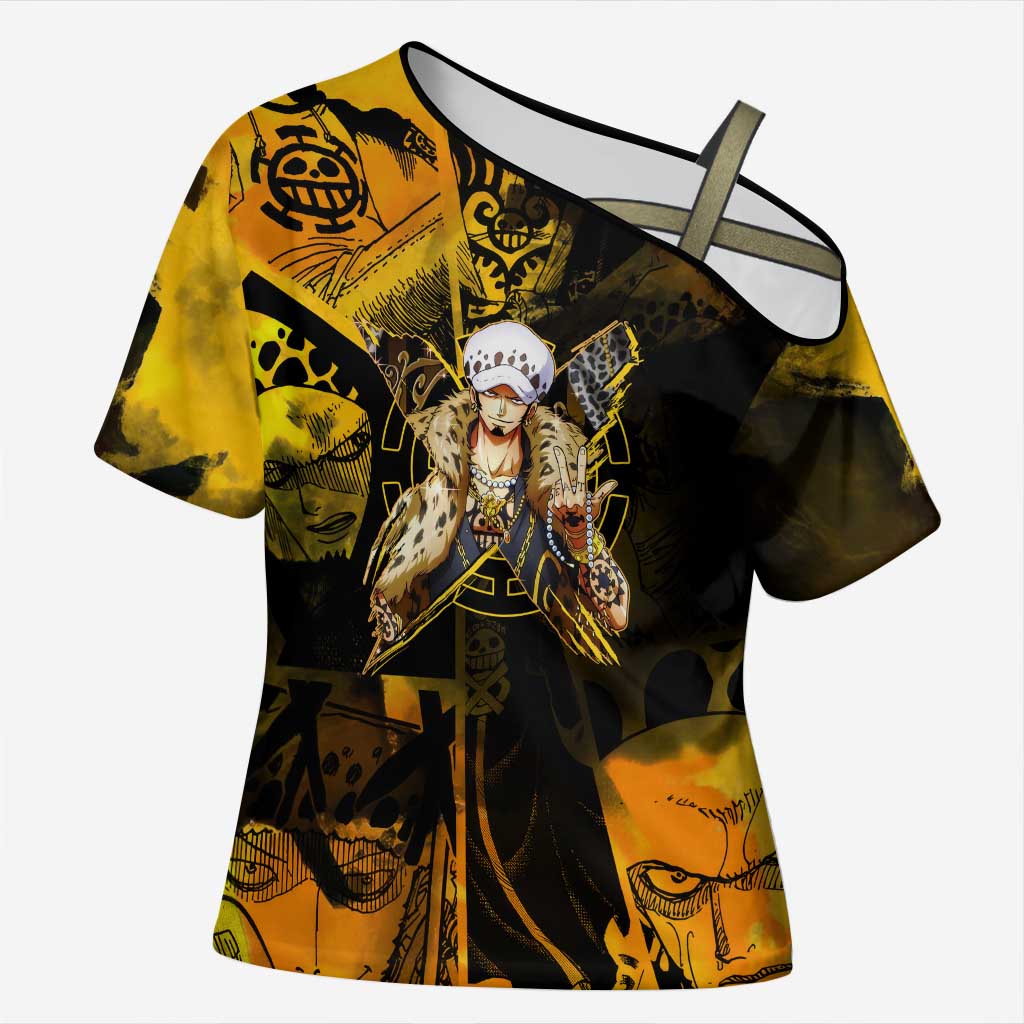 Trafalgar Law One Piece Yellow and Black Theme Cross Shoulder Shirt with Jolly Roger Symbol and Manga Panel Design - The Mazicc