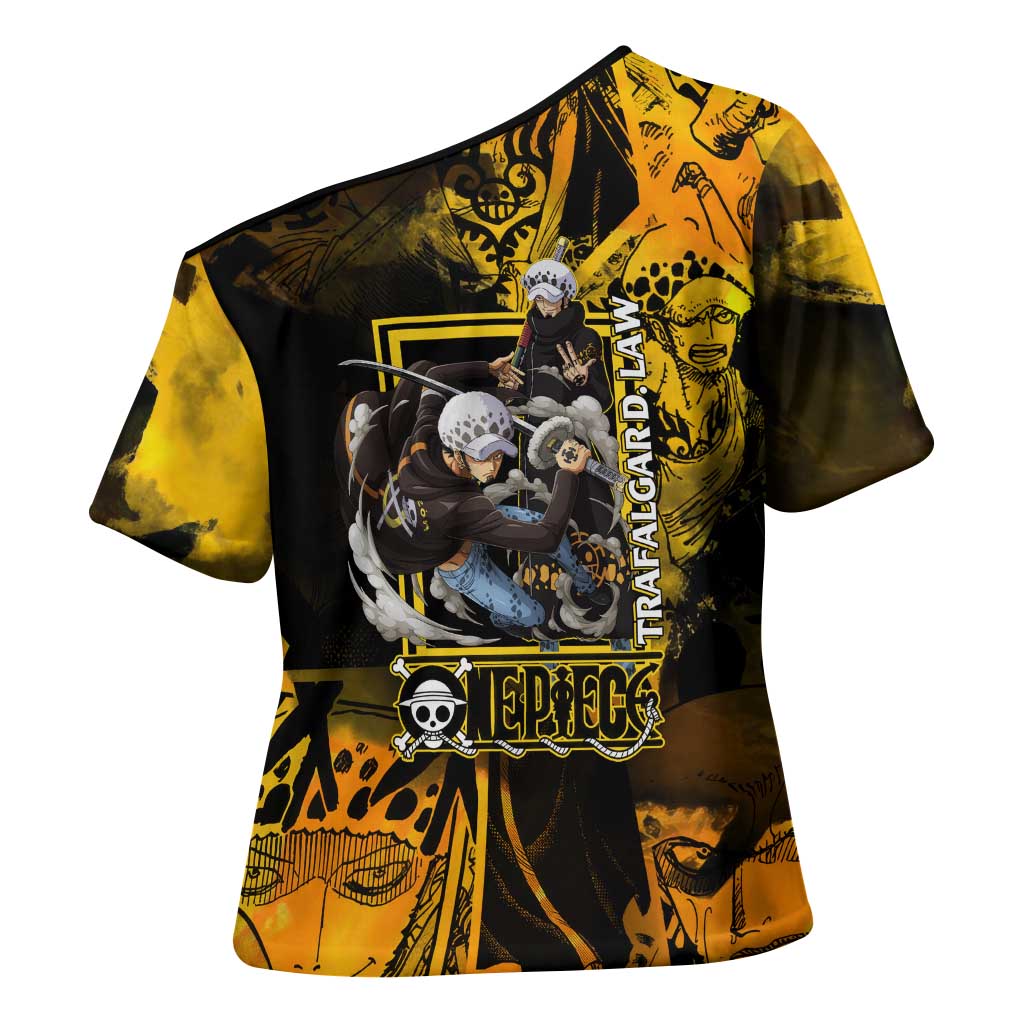 Trafalgar Law One Piece Yellow and Black Theme Cross Shoulder Shirt with Jolly Roger Symbol and Manga Panel Design - The Mazicc