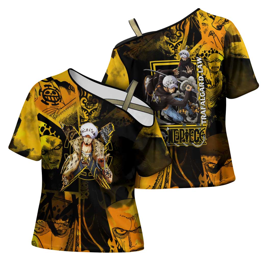 Trafalgar Law One Piece Yellow and Black Theme Cross Shoulder Shirt with Jolly Roger Symbol and Manga Panel Design - The Mazicc