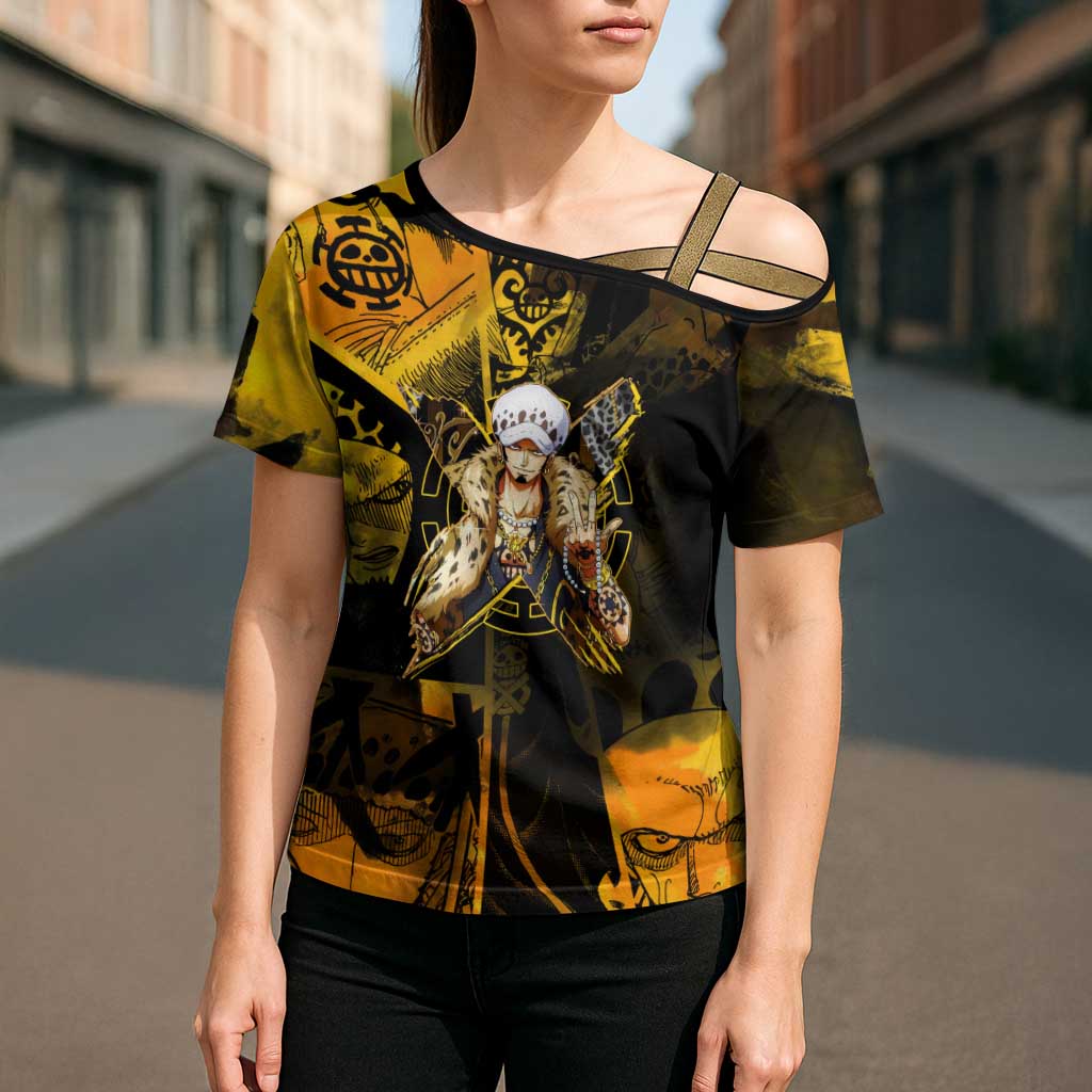 Trafalgar Law One Piece Yellow and Black Theme Cross Shoulder Shirt with Jolly Roger Symbol and Manga Panel Design - The Mazicc