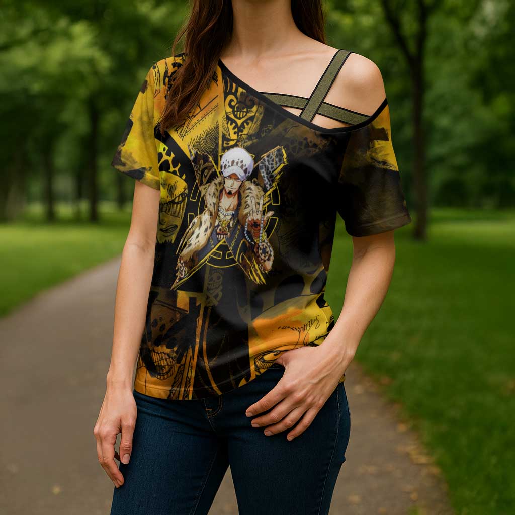 Trafalgar Law One Piece Yellow and Black Theme Cross Shoulder Shirt with Jolly Roger Symbol and Manga Panel Design - The Mazicc