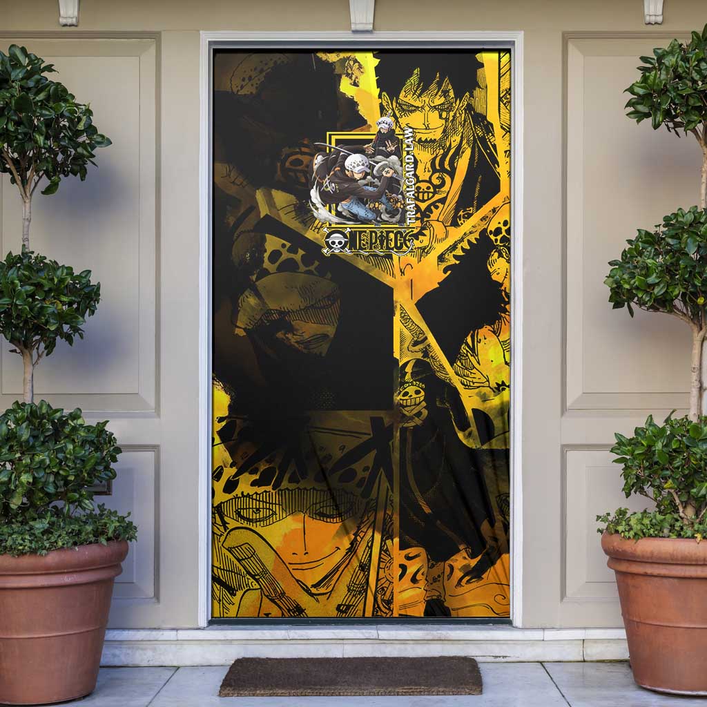 Trafalgar Law One Piece Yellow and Black Theme Door Cover with Jolly Roger Symbol and Manga Panel Design - The Mazicc