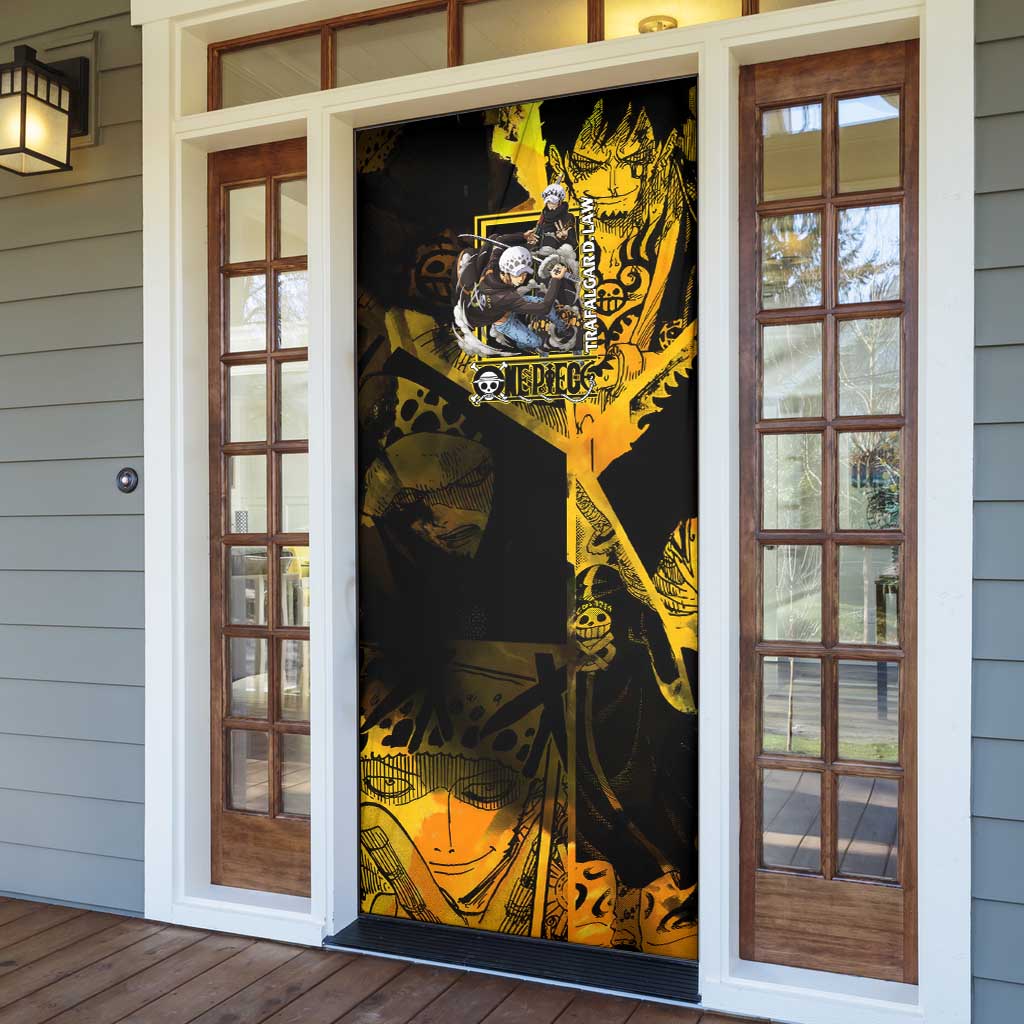 Trafalgar Law One Piece Yellow and Black Theme Door Cover with Jolly Roger Symbol and Manga Panel Design - The Mazicc