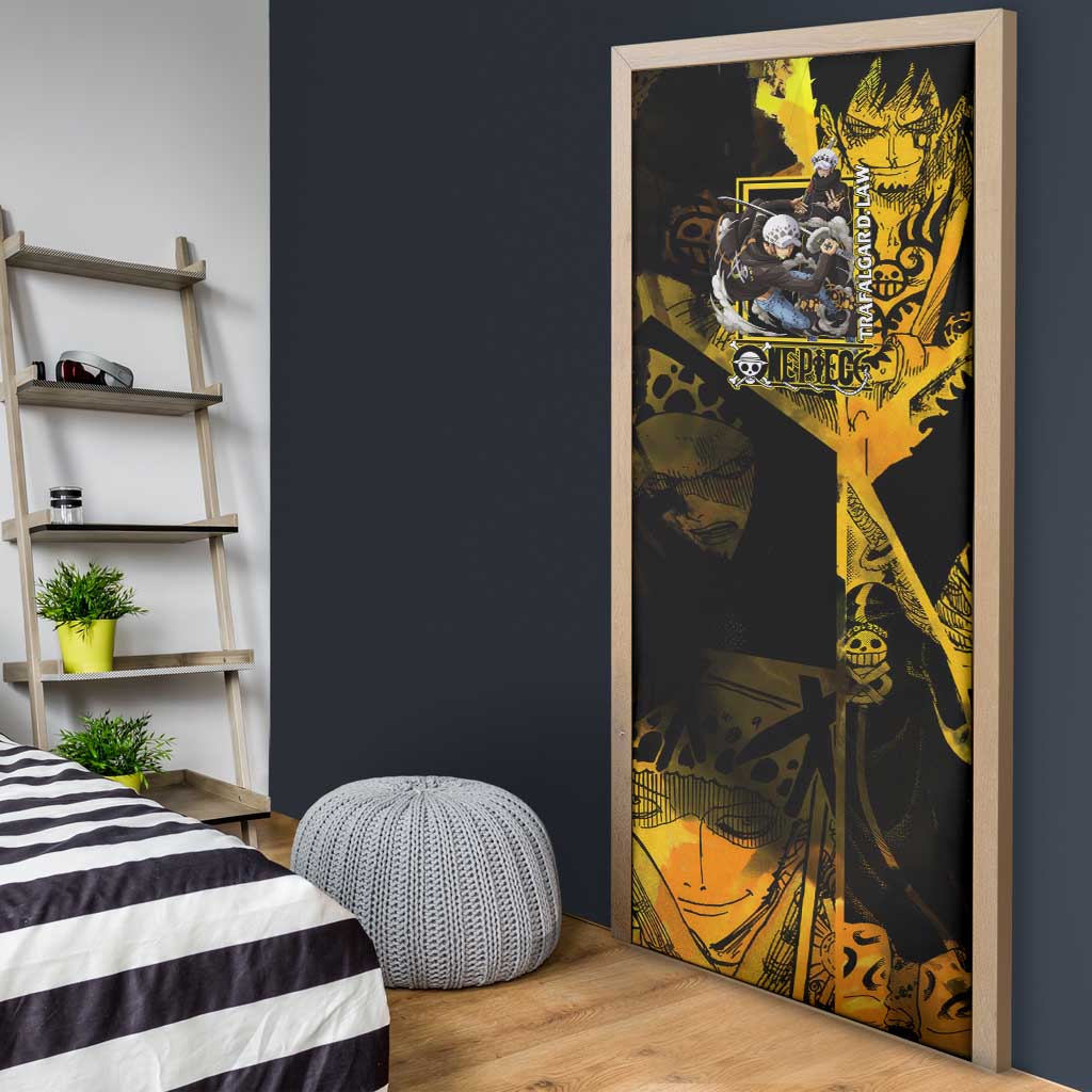 Trafalgar Law One Piece Yellow and Black Theme Door Cover with Jolly Roger Symbol and Manga Panel Design - The Mazicc