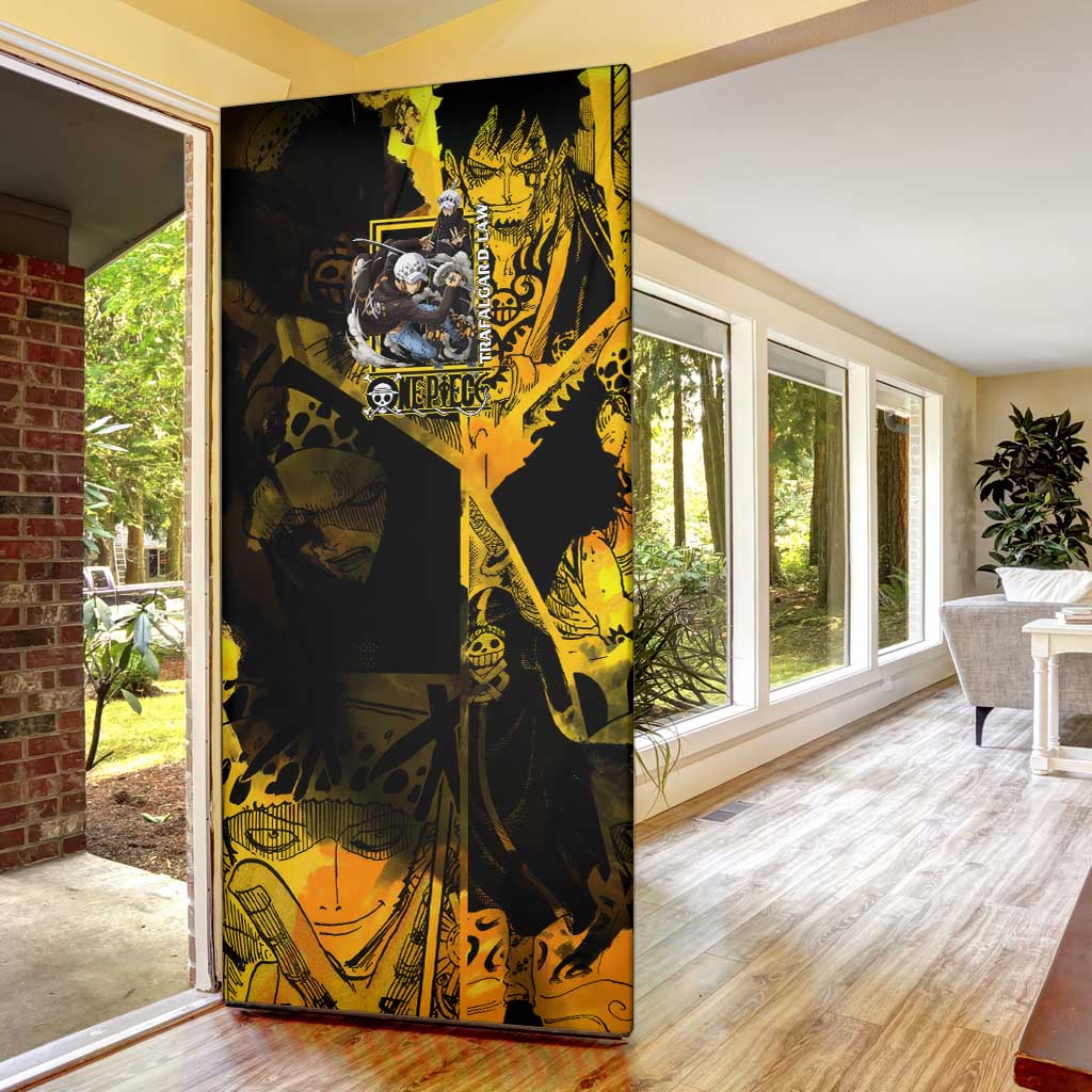 Trafalgar Law One Piece Yellow and Black Theme Door Cover with Jolly Roger Symbol and Manga Panel Design - The Mazicc