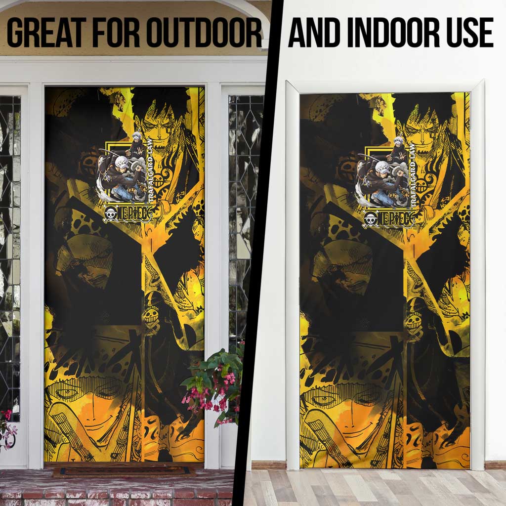 Trafalgar Law One Piece Yellow and Black Theme Door Cover with Jolly Roger Symbol and Manga Panel Design - The Mazicc