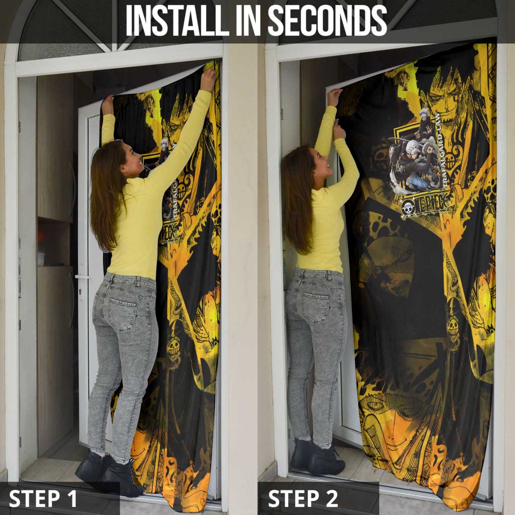 Trafalgar Law One Piece Yellow and Black Theme Door Cover with Jolly Roger Symbol and Manga Panel Design - The Mazicc