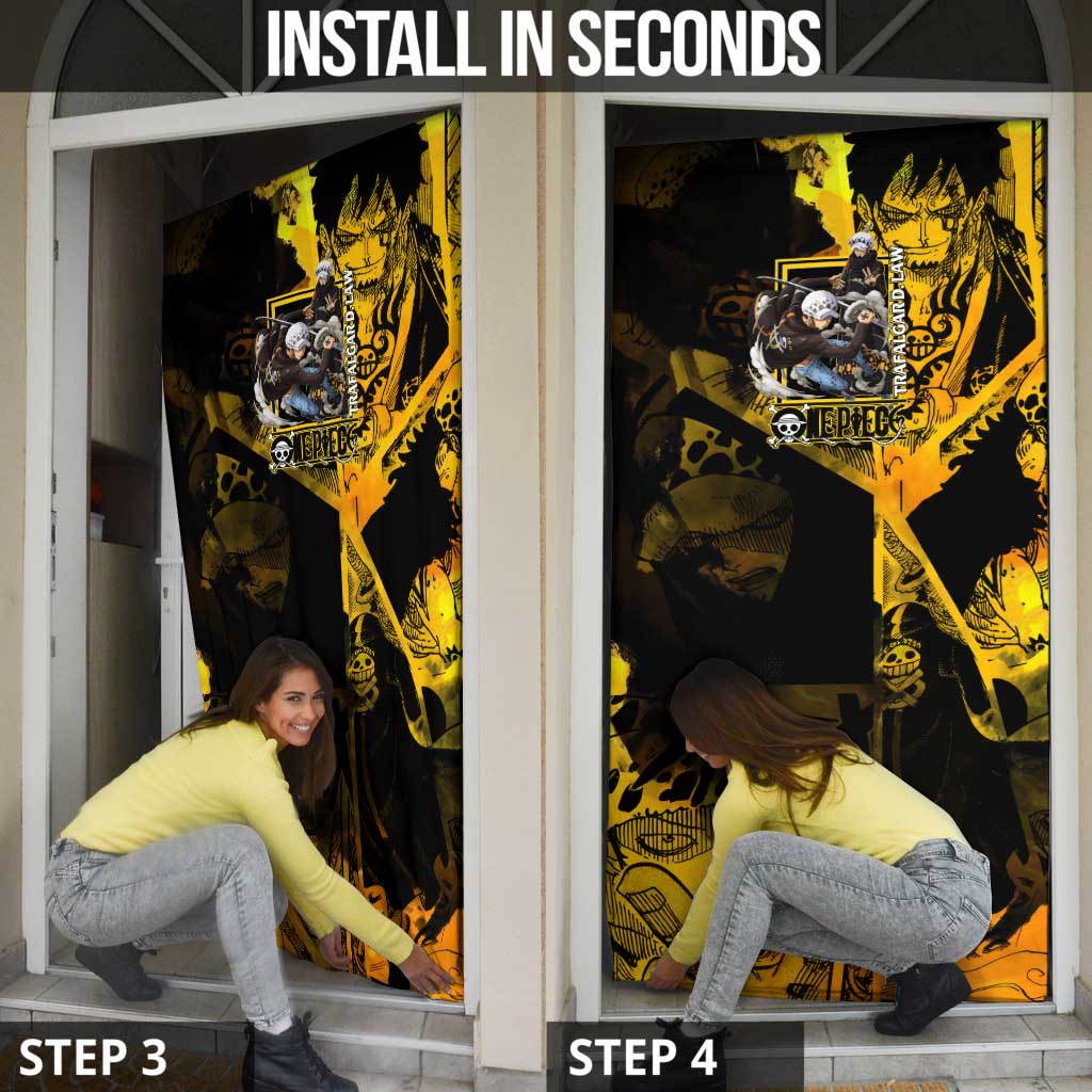 Trafalgar Law One Piece Yellow and Black Theme Door Cover with Jolly Roger Symbol and Manga Panel Design - The Mazicc