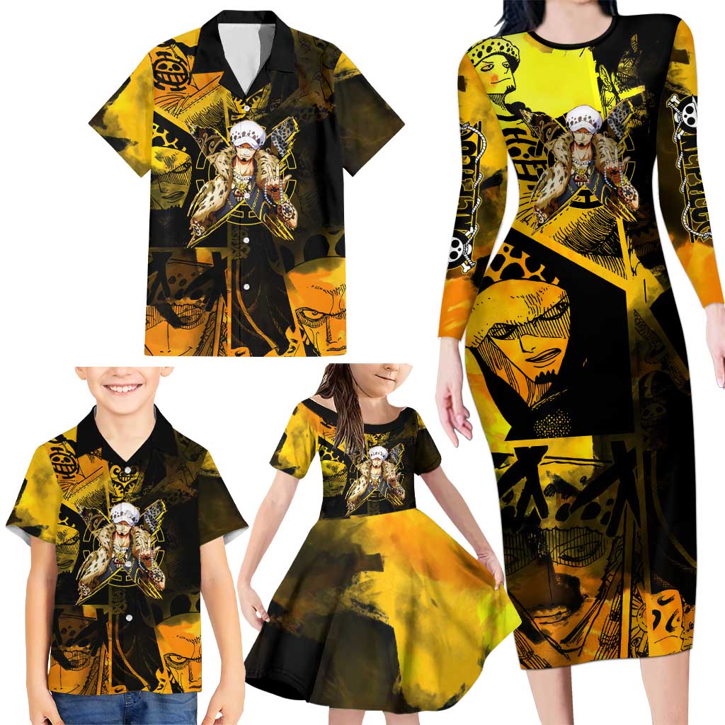 Trafalgar Law One Piece Yellow and Black Theme Family Matching Long Sleeve Bodycon Dress and Hawaiian Shirt with Jolly Roger Symbol and Manga Panel Design