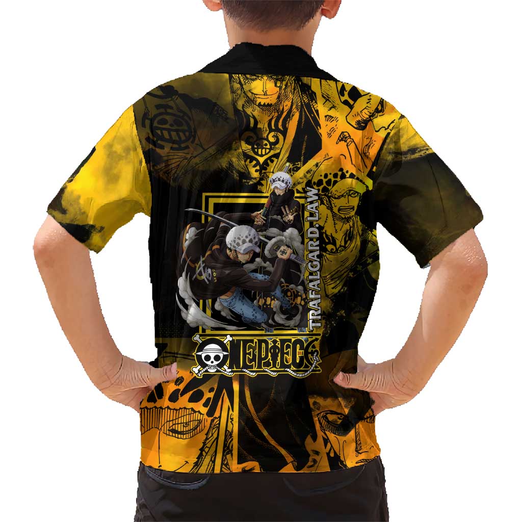 Trafalgar Law One Piece Yellow and Black Theme Family Matching Long Sleeve Bodycon Dress and Hawaiian Shirt with Jolly Roger Symbol and Manga Panel Design