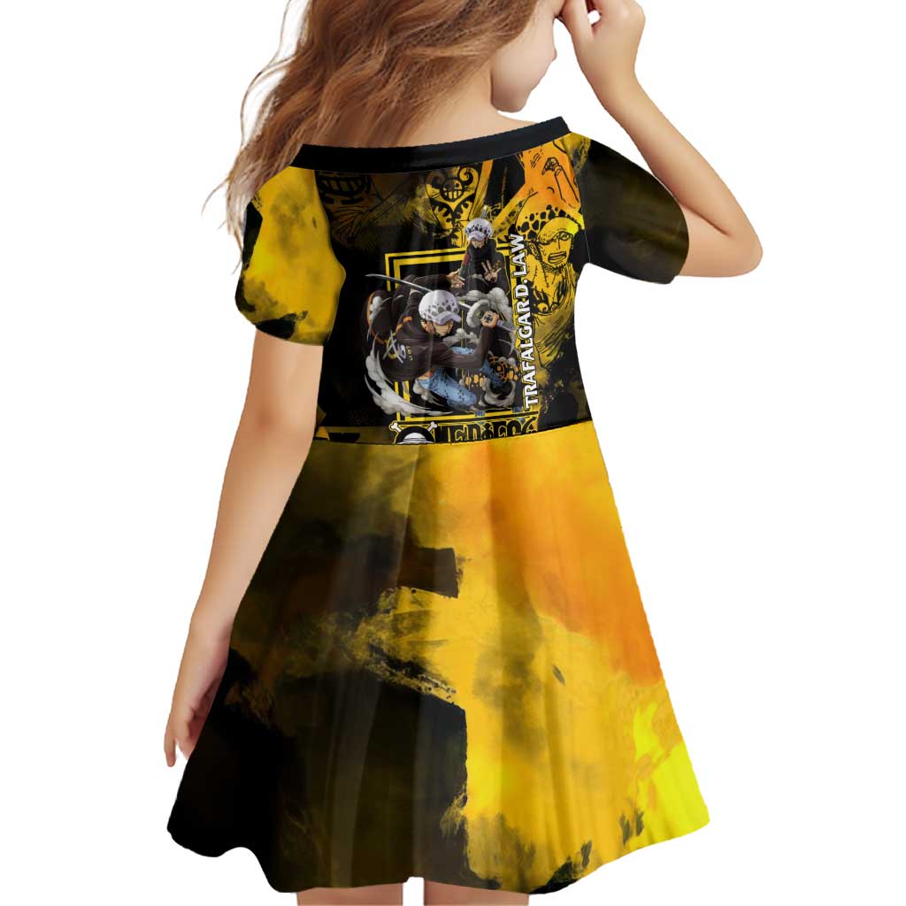 Trafalgar Law One Piece Yellow and Black Theme Family Matching Long Sleeve Bodycon Dress and Hawaiian Shirt with Jolly Roger Symbol and Manga Panel Design