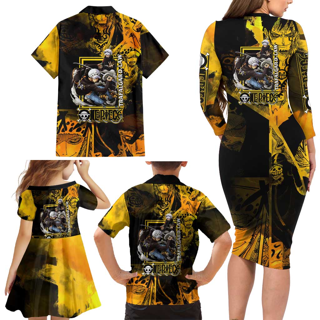 Trafalgar Law One Piece Yellow and Black Theme Family Matching Long Sleeve Bodycon Dress and Hawaiian Shirt with Jolly Roger Symbol and Manga Panel Design
