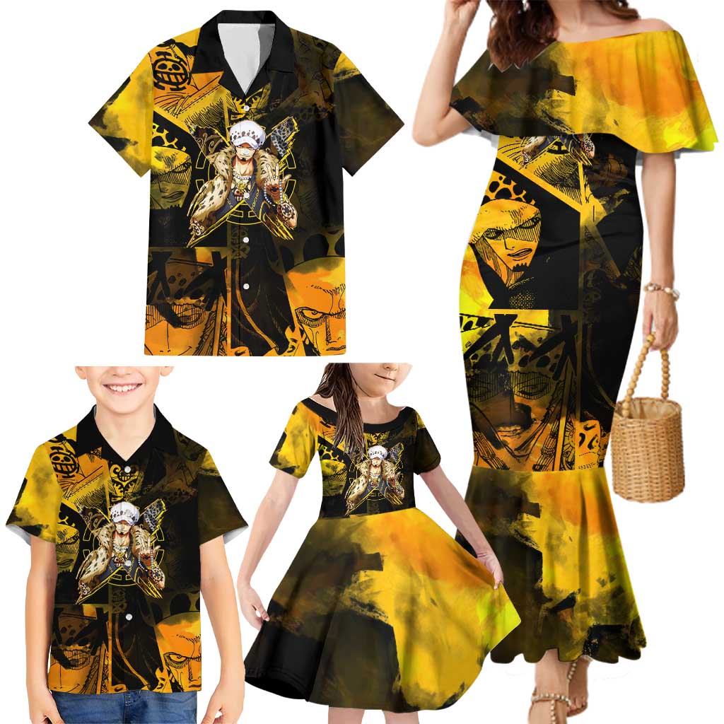 Trafalgar Law One Piece Yellow and Black Theme Family Matching Mermaid Dress and Hawaiian Shirt with Jolly Roger Symbol and Manga Panel Design