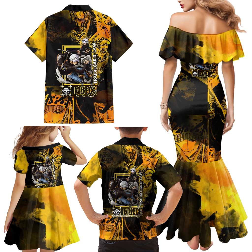 Trafalgar Law One Piece Yellow and Black Theme Family Matching Mermaid Dress and Hawaiian Shirt with Jolly Roger Symbol and Manga Panel Design