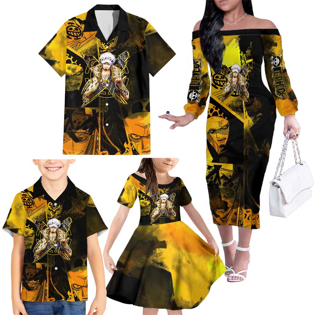 Trafalgar Law One Piece Yellow and Black Theme Family Matching Off The Shoulder Long Sleeve Dress and Hawaiian Shirt with Jolly Roger Symbol and Manga Panel Design