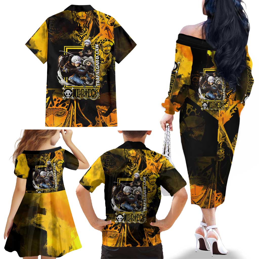 Trafalgar Law One Piece Yellow and Black Theme Family Matching Off The Shoulder Long Sleeve Dress and Hawaiian Shirt with Jolly Roger Symbol and Manga Panel Design