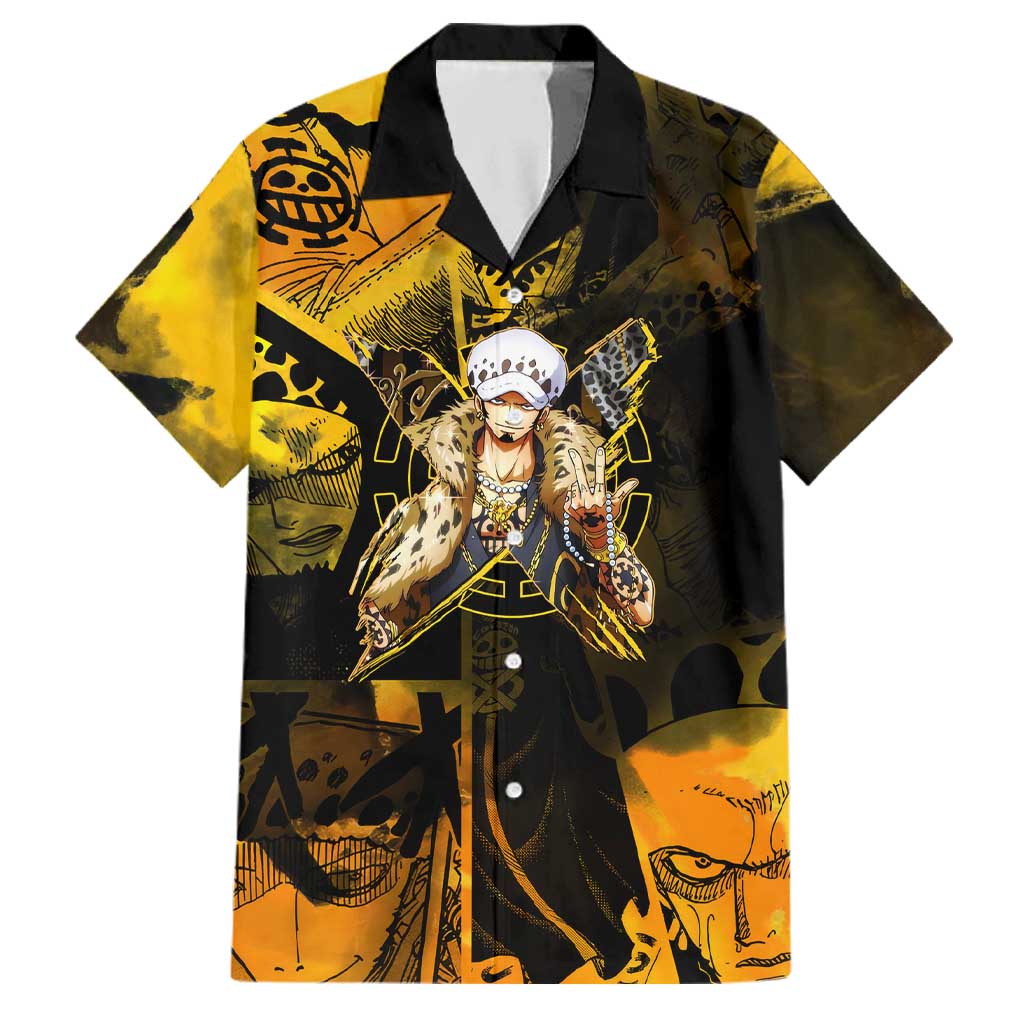 Trafalgar Law One Piece Yellow and Black Theme Family Matching Off The Shoulder Long Sleeve Dress and Hawaiian Shirt with Jolly Roger Symbol and Manga Panel Design