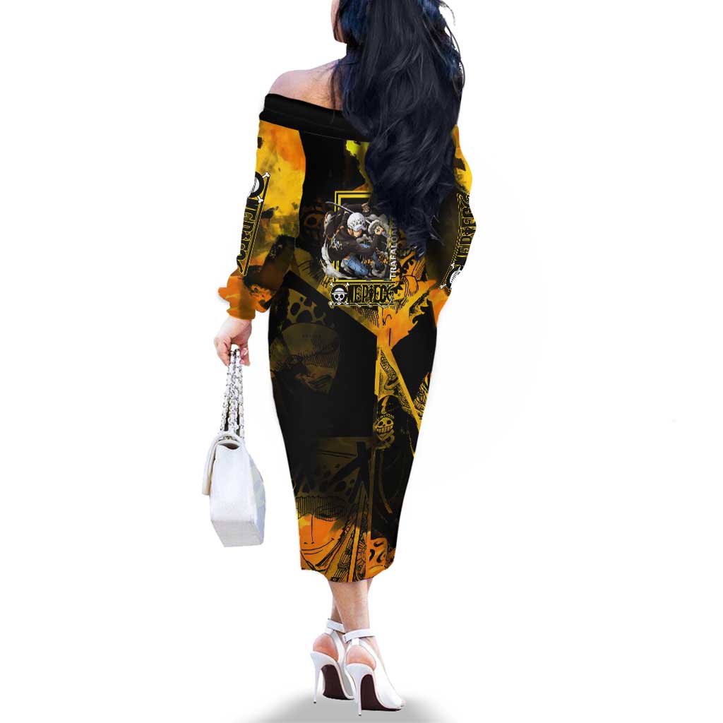 Trafalgar Law One Piece Yellow and Black Theme Family Matching Off The Shoulder Long Sleeve Dress and Hawaiian Shirt with Jolly Roger Symbol and Manga Panel Design