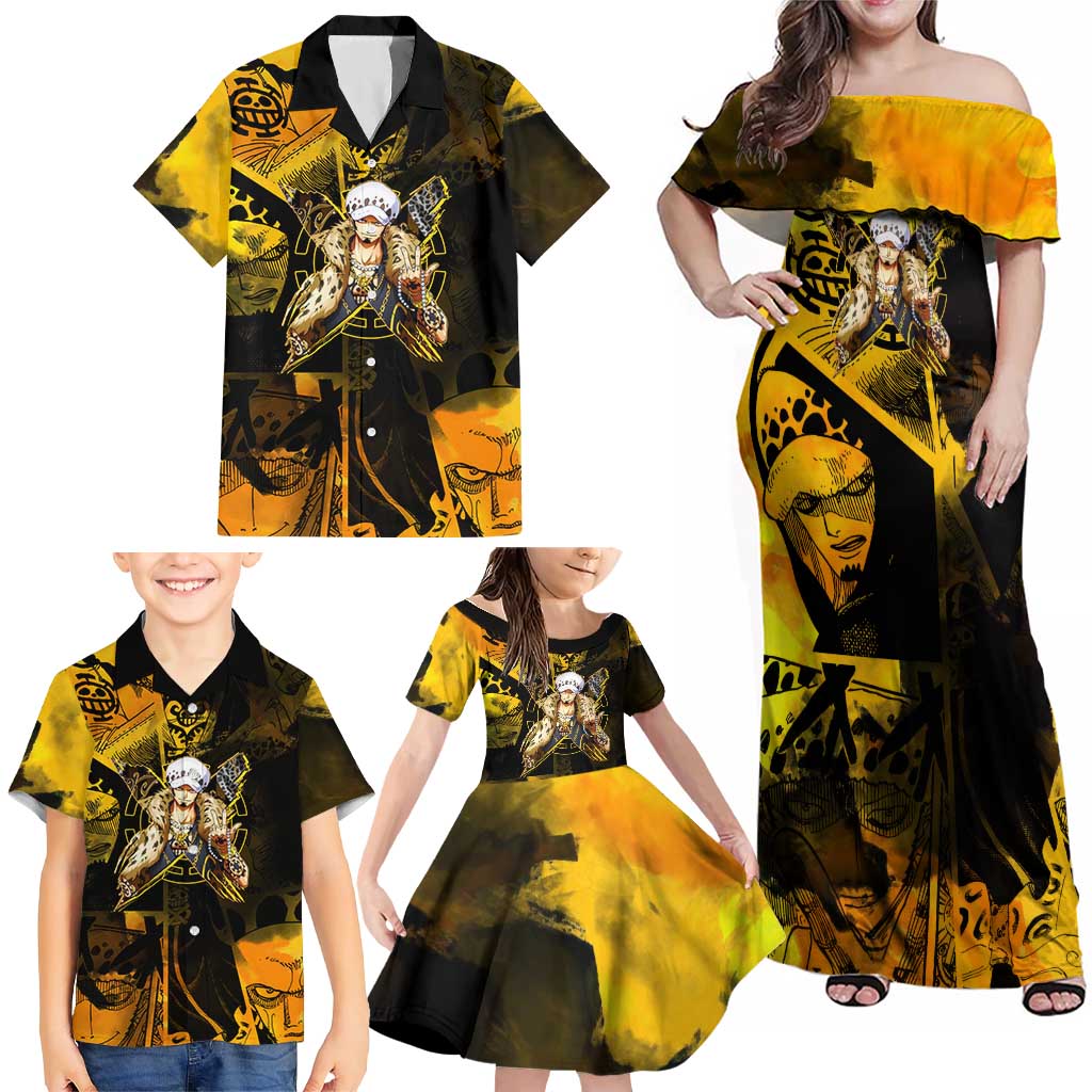 Trafalgar Law One Piece Yellow and Black Theme Family Matching Off Shoulder Maxi Dress and Hawaiian Shirt with Jolly Roger Symbol and Manga Panel Design