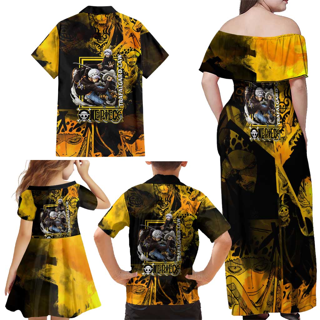Trafalgar Law One Piece Yellow and Black Theme Family Matching Off Shoulder Maxi Dress and Hawaiian Shirt with Jolly Roger Symbol and Manga Panel Design