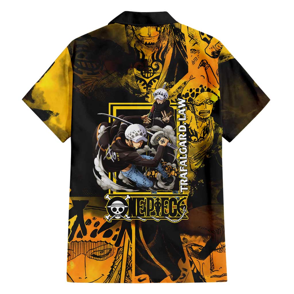 Trafalgar Law One Piece Yellow and Black Theme Family Matching Off Shoulder Maxi Dress and Hawaiian Shirt with Jolly Roger Symbol and Manga Panel Design