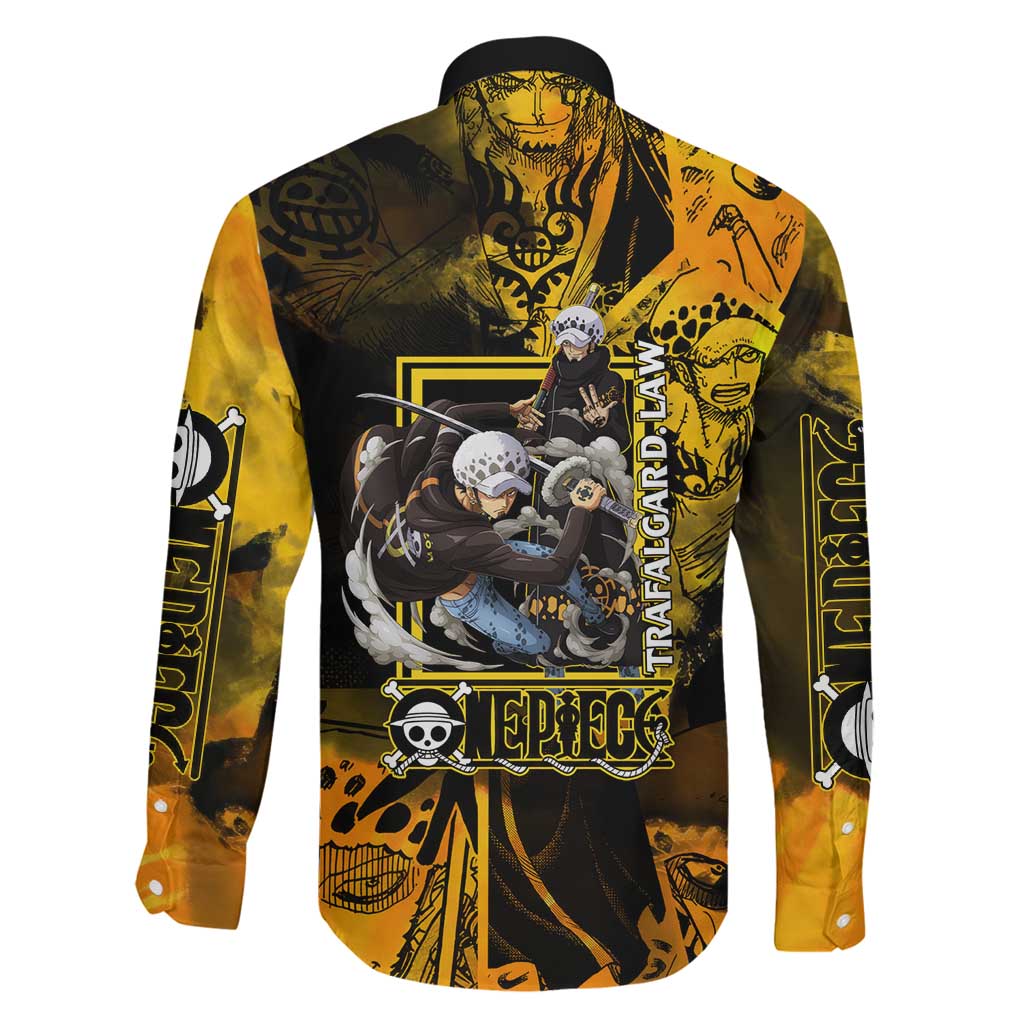 Trafalgar Law One Piece Yellow and Black Theme Family Matching Off Shoulder Maxi Dress and Hawaiian Shirt with Jolly Roger Symbol and Manga Panel Design