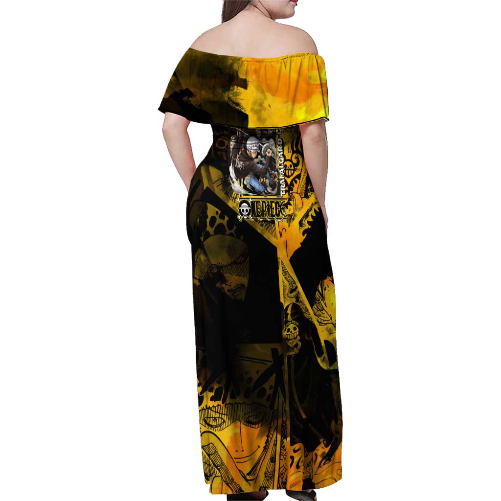 Trafalgar Law One Piece Yellow and Black Theme Family Matching Off Shoulder Maxi Dress and Hawaiian Shirt with Jolly Roger Symbol and Manga Panel Design