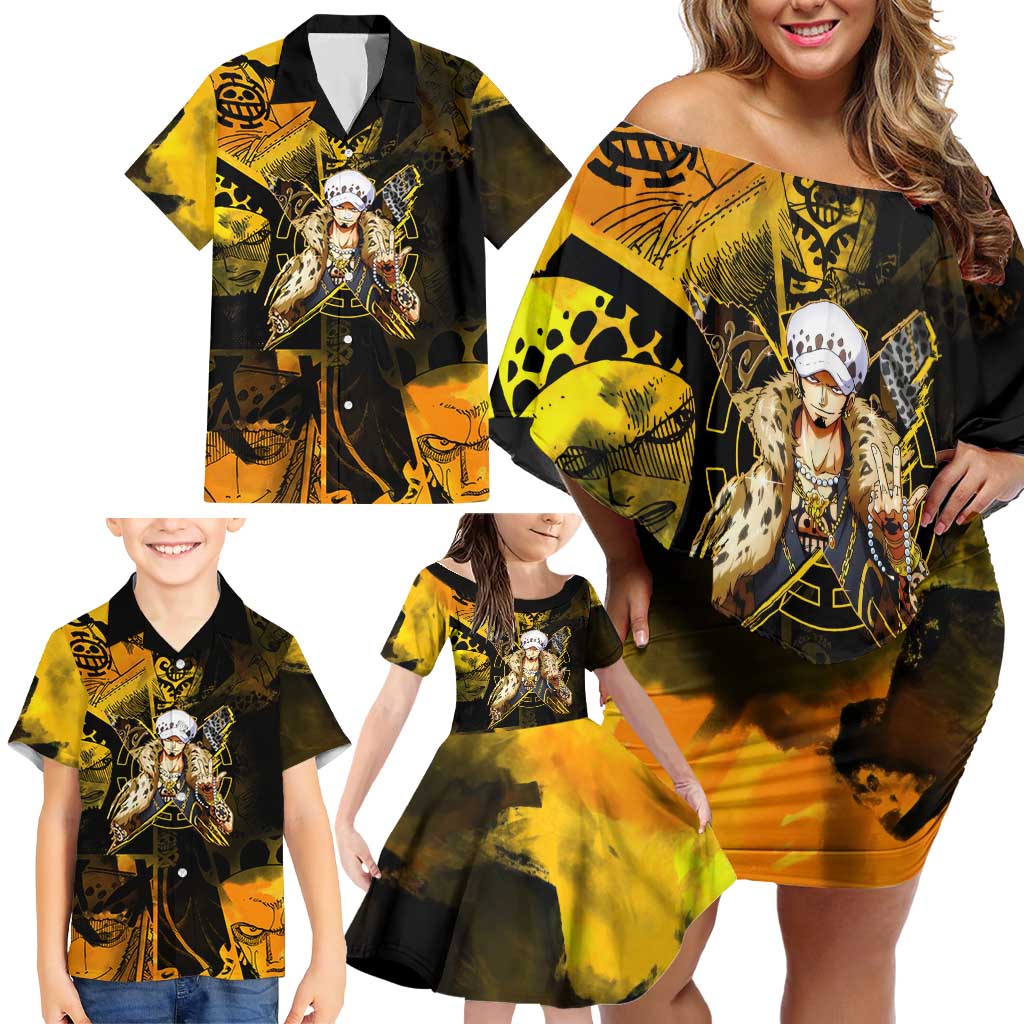 Trafalgar Law One Piece Yellow and Black Theme Family Matching Off Shoulder Short Dress and Hawaiian Shirt with Jolly Roger Symbol and Manga Panel Design