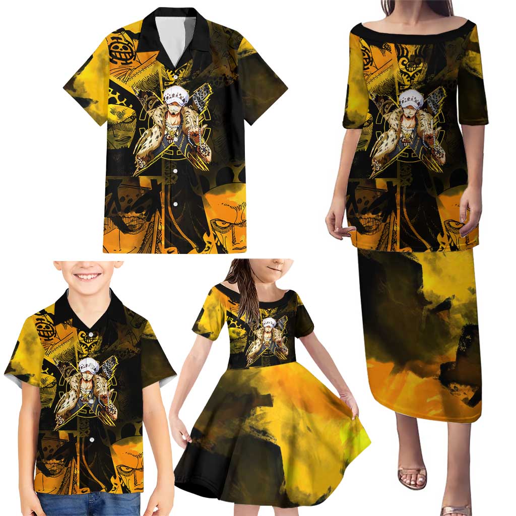 Trafalgar Law One Piece Yellow and Black Theme Family Matching Puletasi and Hawaiian Shirt with Jolly Roger Symbol and Manga Panel Design